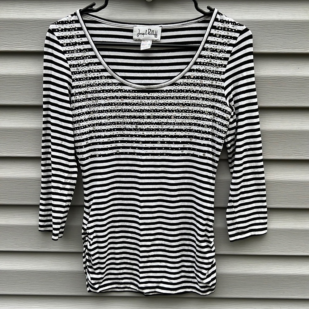Joseph Ribkoff | Black & White Stripe Rhinestone Embellished Top size 2